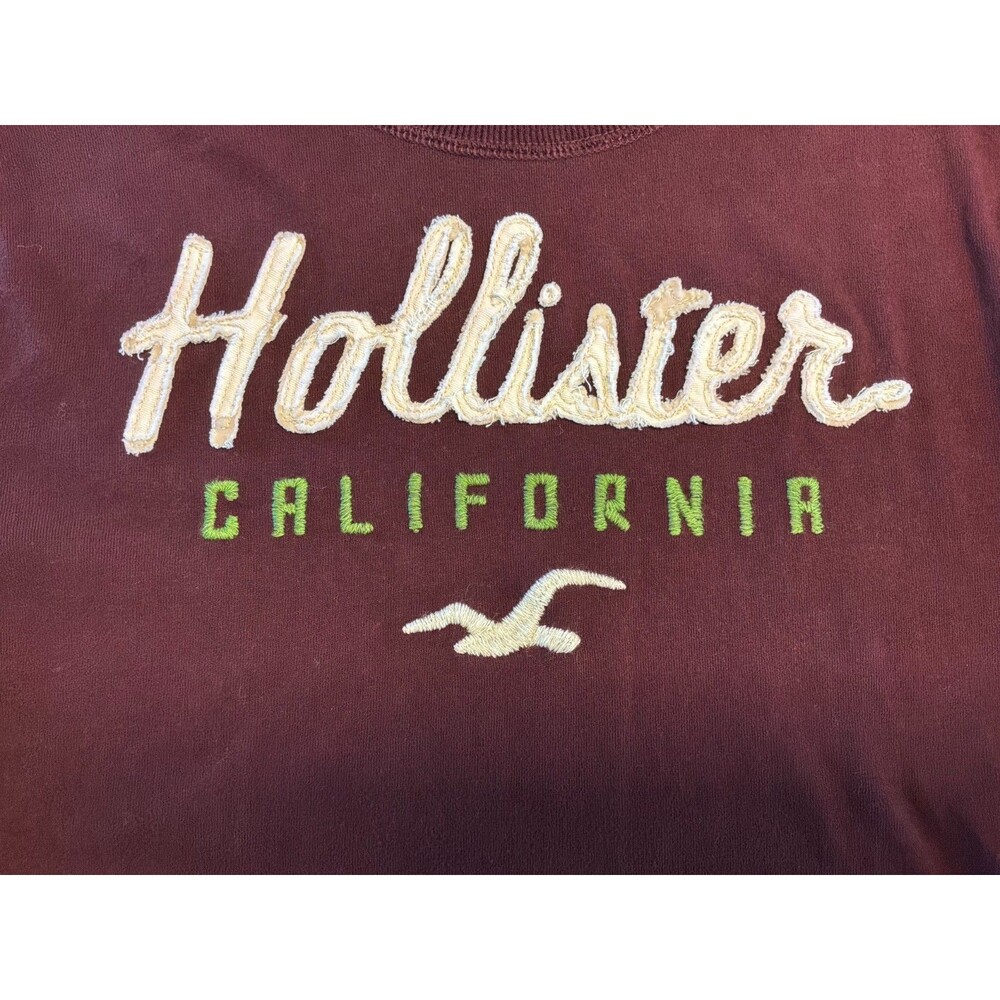 Hollister SZ XL Men's Burgundy Logo Long Sleeve T-shirt Crew Neck 2000s Vintage - Picture 4 of 10